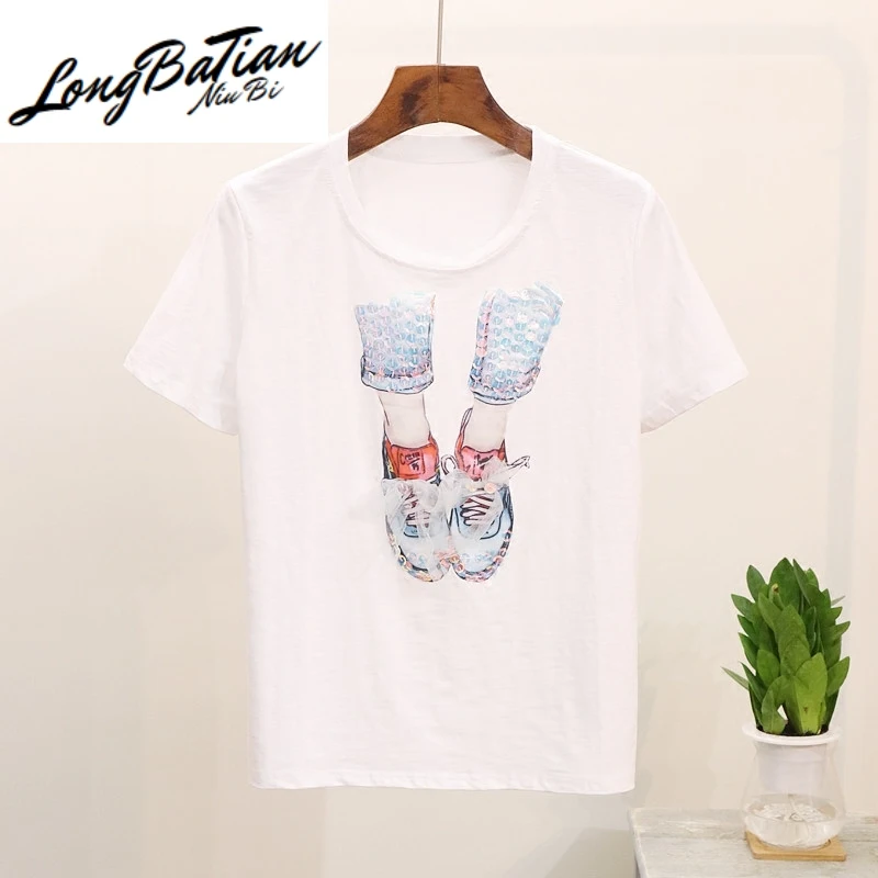 Spring Summer Women Designer Runway Suit Ladies Sequin Mesh T-shirt Denim Holes Jeans Pants Set New Cartoon Tops Casual 2Pcs | Женская