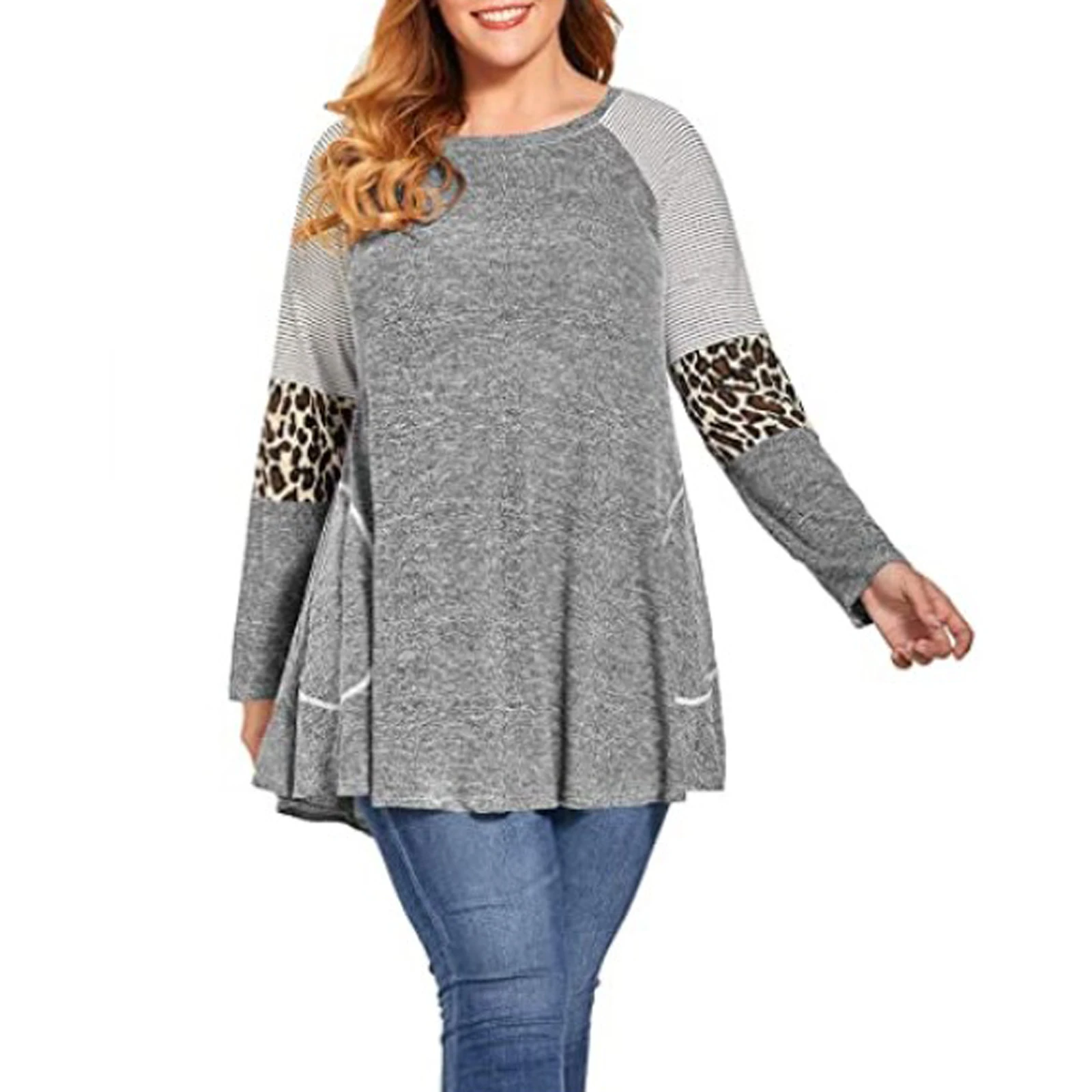 

Women Long Sleeve Patchwork Tops, Casual Round Neck Leopard Striped Color Block Loose Tunics