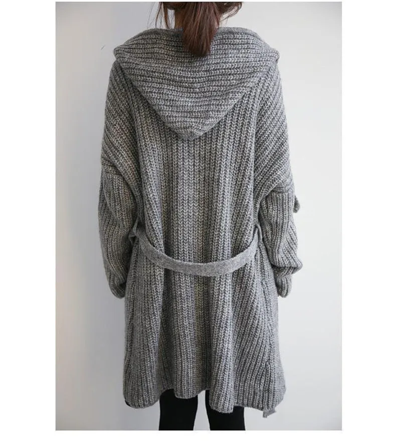 Ladies Woolen Jacket Coat Autumn Winter Casual Knitted Warm Thick Long Coat Outwear Female Women Hooded Overcoat Hoodies