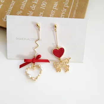 

Asymmetrical Cute Red Fabric Bow Bowknot Clip On Earrings Rhinestones Unicorn Female Imitation Pearls Love Heart Ear Clips