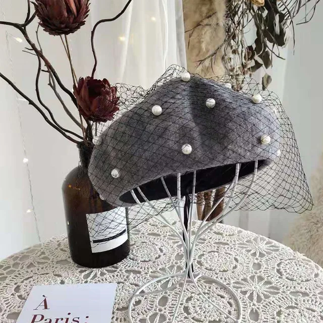 Chic Wool Blend Vintage London Beret With Veil Mesh Show Double Layer Women Beret Beanies Cap For Ladys Banquet Dark Grey