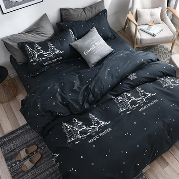 

Christmas Trees and Snowflakes Print Bedding Set Scenic Forests Duvet Cover Black Bed Sheet Pillowcase New Year Gift 3/4 pieces