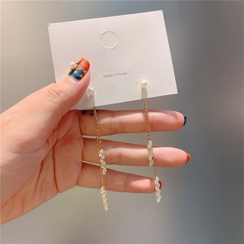 

S925 silver pin Bohemian Fringed Pearl Crystal Tassel Earrings Women Simple Long Metal Irregular Earrings Girls Christmas Gifts