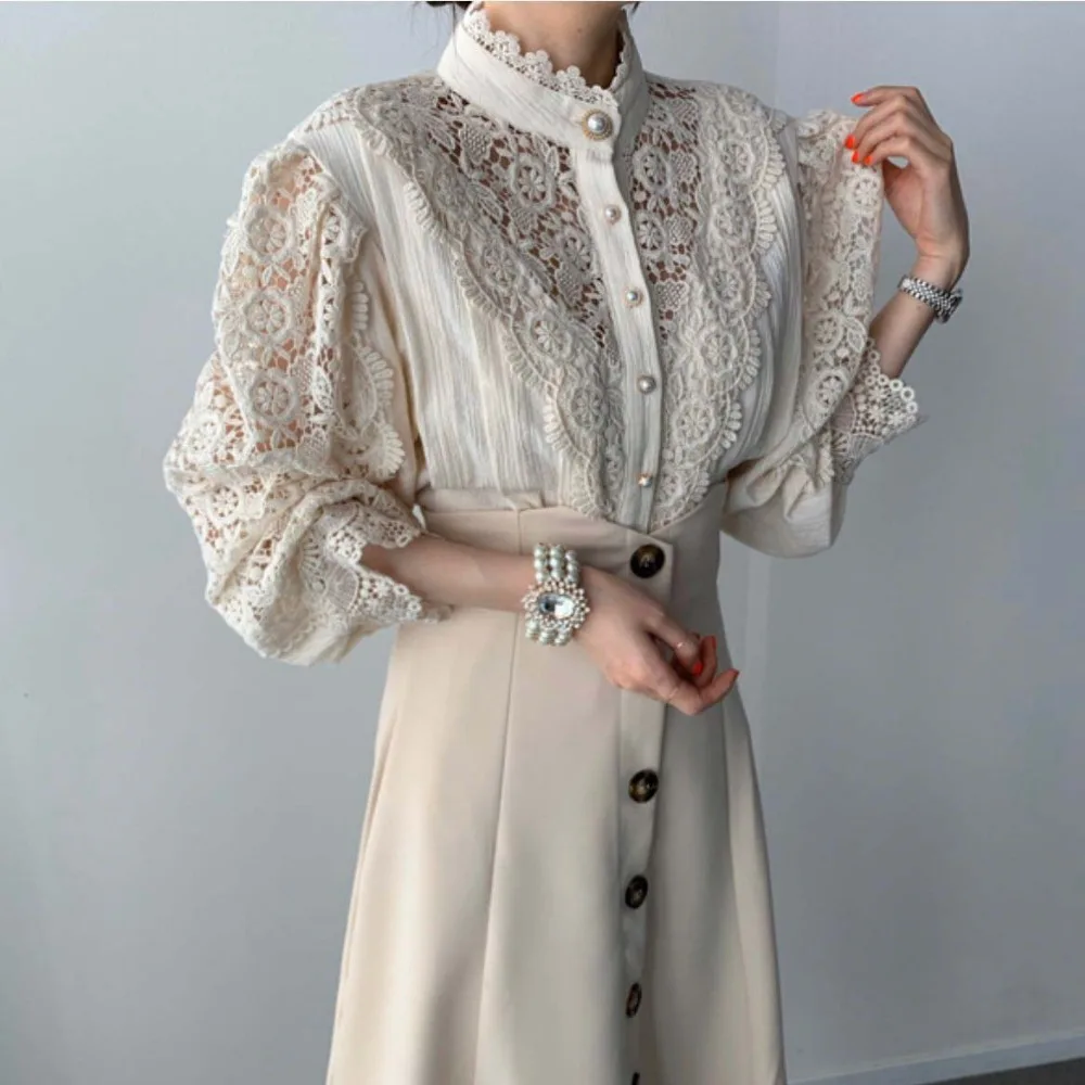 Dingaozlz Korean Sweet Hollow out Tops Stand-up collar Crochet shirt Hook flower lace Blouse long-sleeve Women clothing