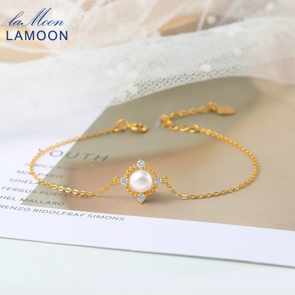 LAMOON Natural Bead Freshwater Pearl 925 Silver Bracelet For Women Chain Charm 14K Gold Plated Korean Fine Jewelry S925 LMHI014