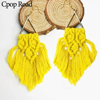 

Cpop Ethnic Handmade Weave Macrame Earrings Cotton Thread Feather Fringe Tassel Earrings Wedding Jewelry Women Accessories Gift
