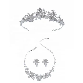 

NPASON 2020 Luxury Crystal Bridal Jewelry Sets Silver Plated Elegant Pretty Crown Hair Tiara Earring Wedding Jewelry Sets