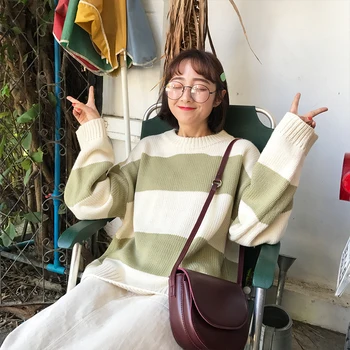 

Contrasting Color Wide Stripe Sweater Harajuku Kawaii Cute Sweet Women 2019 Autumn New Korean Version Loose Joker Lazy Sweater