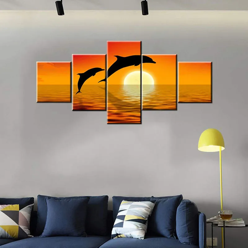 

5 Pieces Canvas Painting Ocean Dolphin Jump Picture Home Design Mural Art Poster Sunset Scenery Modern Wall Art Living Room Deco