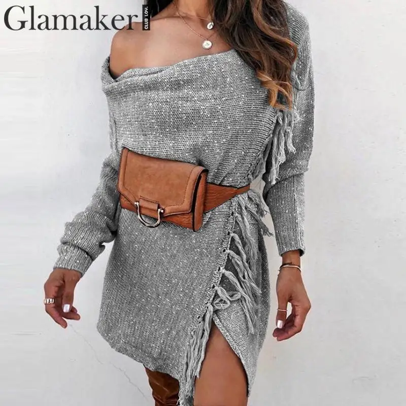 Glamaker трикотажные с кардиган на плечо Для женщин Длинные рукава с бахромой Теплые Элегантные кардиган женский на осень-зиму вечерние пикантные кардиган