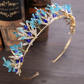 

New Fashion Gold Wedding Hair Accessories Blue Crystal Tiaras Crowns Bridal Hairbands Rhinestone Women Hair Jewelry Ornaments