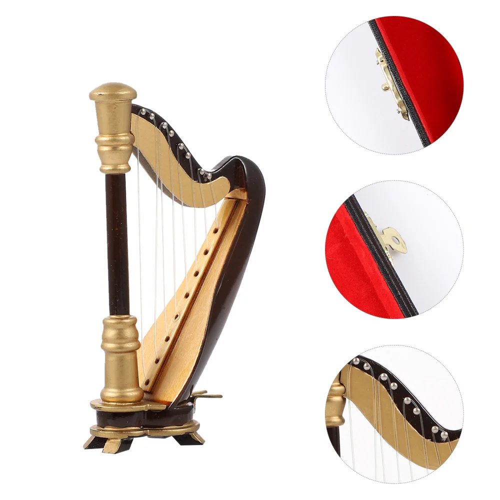 

1Pcs Wooden Exquisite Miniature Harp Office Decor Table Ornament Mini Musical Harp with Storage Box