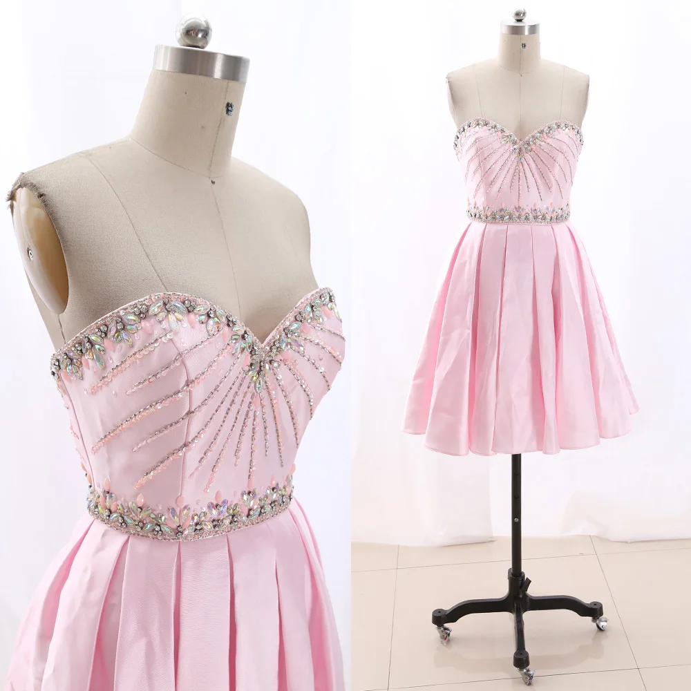 

MACloth Pink Short Strapless Knee-Length Short Crystal Satin Prom Dresses Dress M 266970 Clearance