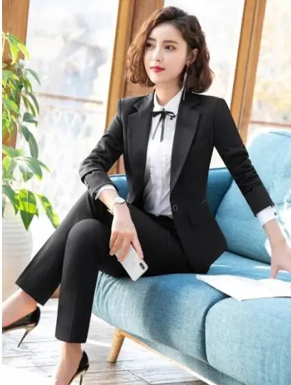 Black coat and pants Новые Модные Элегантные женские брючные костюмы комплект из двух предметов деловой Тонкий Блейзер с длинными рукавами и брюки Офисная Женская рабочая одежда - Цвет: Black coat and pants