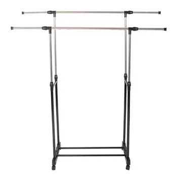 

Dual-bar Vertical&Horizontal Stretching Stand Clothes Rack with Shoe Shelf Black&Silver Top-grade Stainless Steel and PP Plastic