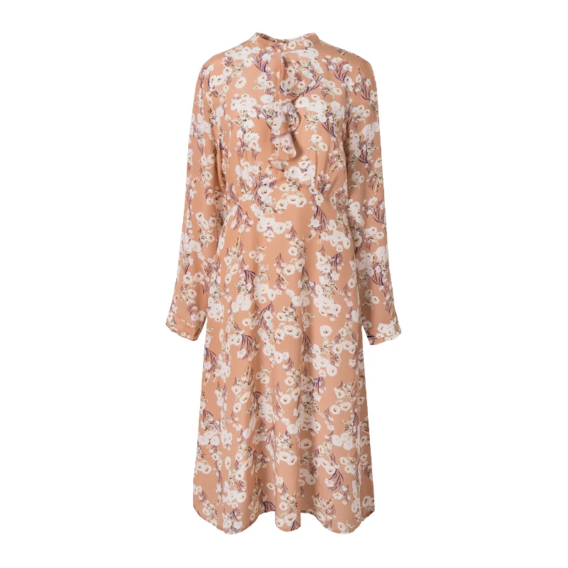 Осеннее женское цельнокроеное платье с длинными рукавами из чистого шелка с принтом шелковых оборками трапециевидных платьев M L XL