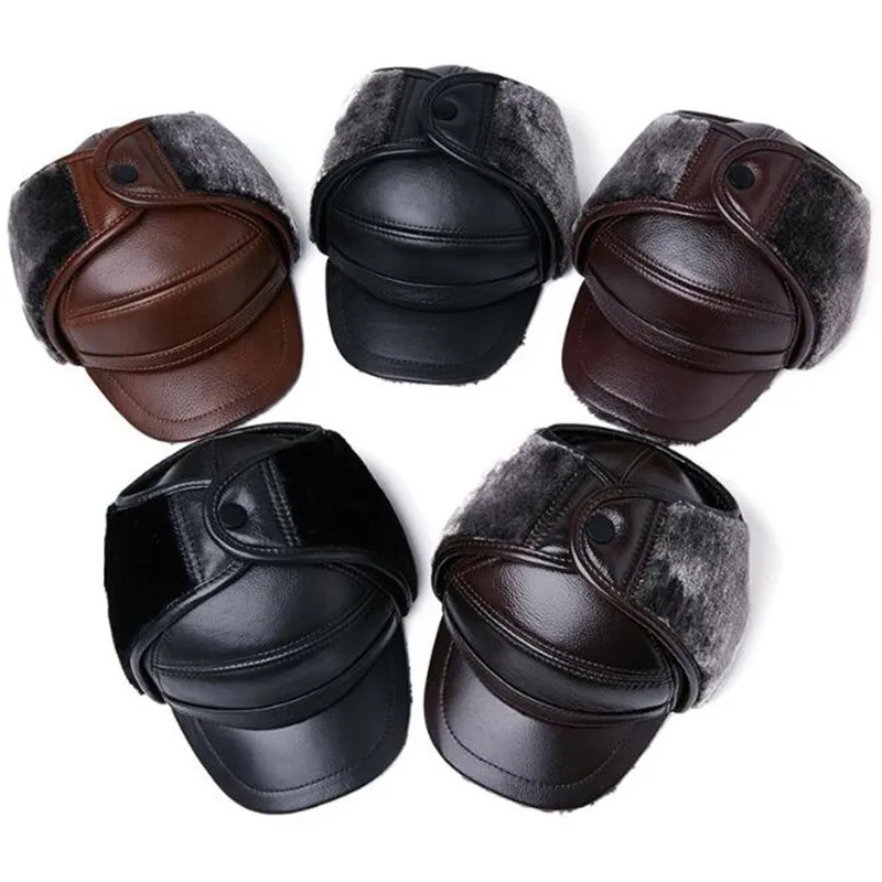 GREENYU Brand Genuine Leather Bomber Hat Men's Thick Warm Outdoor Earmuffs First Layer Cowhide Leather Hat Fur Hats For Man