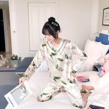 

Girls Sleep Pijamas 2 Piece Summer Women Sleepwear Faux Silk Satin Pajamas Set Long Sleeve Sleepwear Pajamas Suit Home Clothing