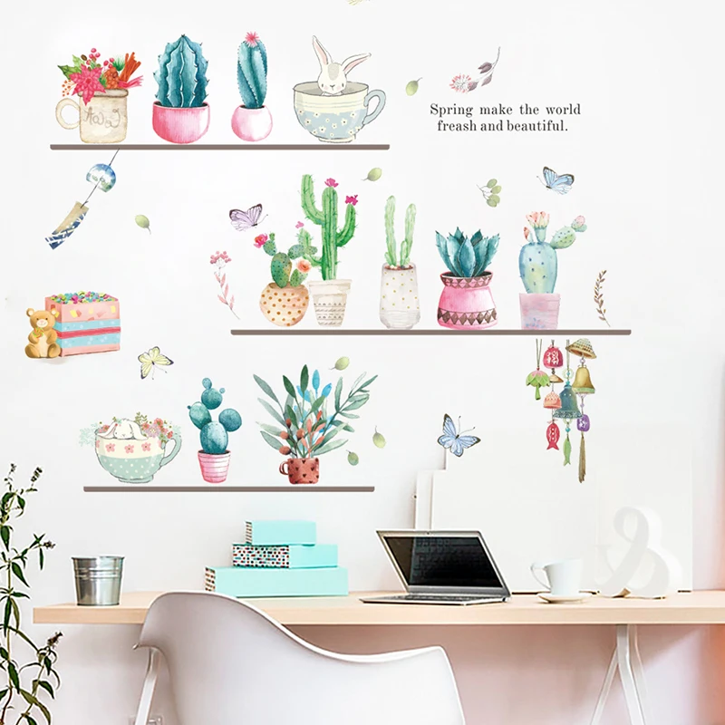 Bonsai Cactus Flowers Butterfly Wall Stickers For Home Decor Living Room PVC Wall Decals DIY Mural Art Decoration Accessories