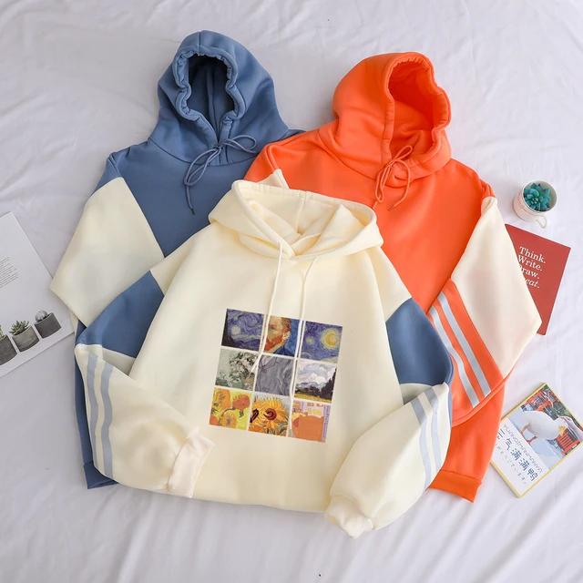 US $12.29 Autumn Winter Fleece Van Gogh Oil Painting Pullover Thick Loose Women Hoodies Hot Harajuku Contrast