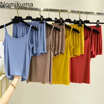 

Nomikuma Modal Two Piece Set Top and Shorts Thin Sling Vest + Stretch Waist Wide Leg Short 2020 Summer Women Korean Suits 3Z538