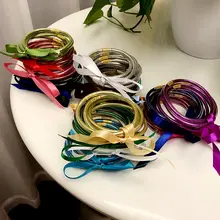 Flatfoosie 5 шт./компл. бантом блестками желе браслеты Браслеты наборы для ухода за кожей заполненные Силиконовые лидер продаж Нержавеющая сталь круглый браслет для Для женщин Пластик желе браслет