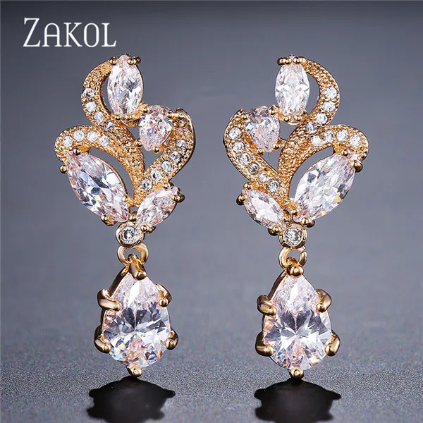 Gold Color Earrings Изысканные ювелирные изделия в виде цветка из белого циркония ZAKOL с модным кристаллом маркиза, наборы ювелирных изделий для невесты/Женские аксессуары FSSP268 - Окраска металла: Gold Color Earrings