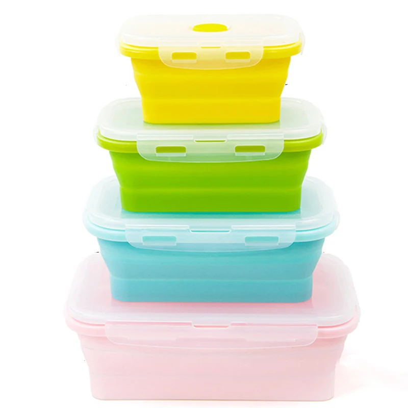

4pcs/Set Folding Lunch Box Microwaveable Rectangular Collapsible Silicone Food Containers Dinnerware Picnic Camping