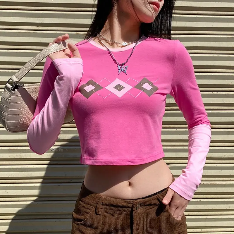 

Zoulv 2020 Pink Geometric Pattern Autumn Winter Women's Personalized Casual Contrast Stitching Rhombic Short Round Neck Shirt