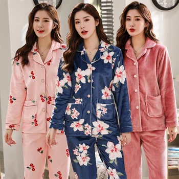 

Plus Size Thick Warm Long Sleeve Flannel Pajama Sets For Women 2020 Winter Coral Velvet Sleepwear Homewear Pijama Mujer Clothes