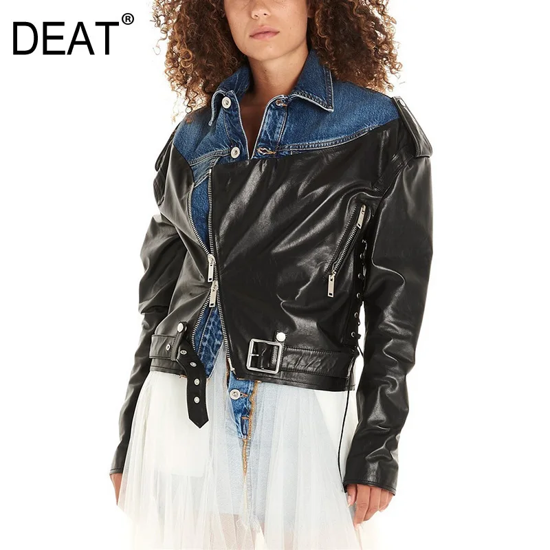 

DEAT 2019 autumn and winter turn-down collar full sleeves denim and PU leather patchwork zippers waist belts jacket WJ05501L