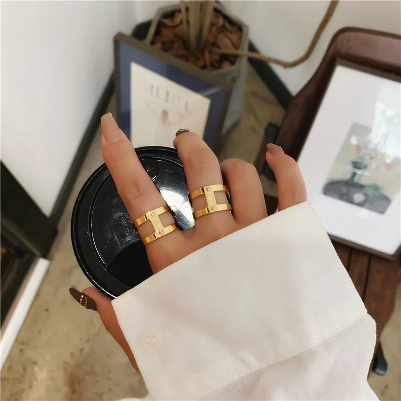 Finger Rings Zircon Rings Stainless Steel Rings Metal Rings Titanium Steel Rings Personality Wide Version Double-layer Titanium Steel Finger Ring 18K Gold Woman Jewelry