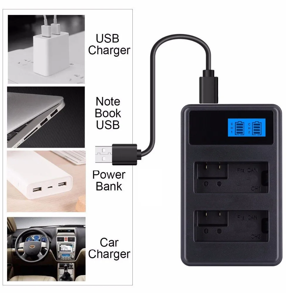 

LCD Display PC Power Bank Car USB Dual Camera Battery Dock Charger for Canon NB-6L NB-12L LP-E6 E6N LP-E8 LP-E10 LP-E12 LP-E17