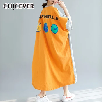

CHICEVER Vintage Patchwork Dress For Women O Neck Short Sleeve Casual Loose Oversize Midi Dresses Female Summer Fashion New 2020