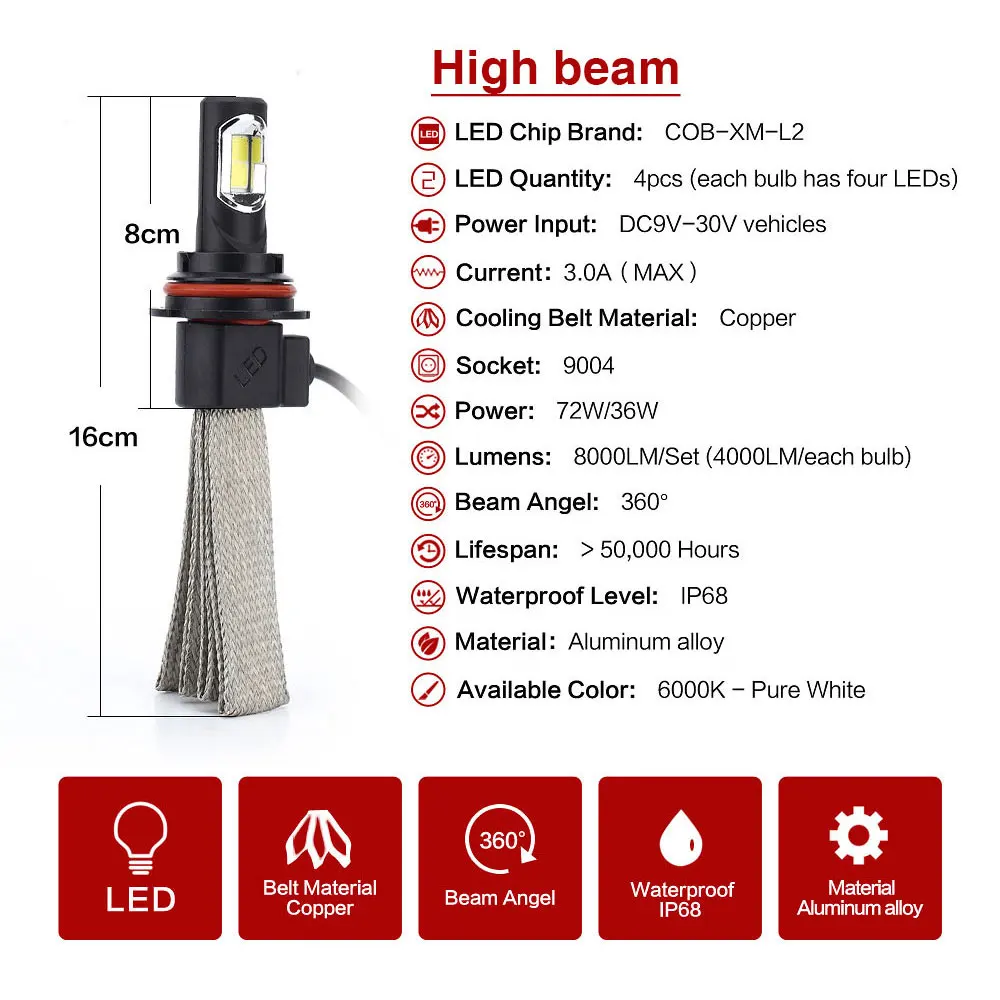 2Pcs H11 H7 Led Canbus H4 Headlight Bulbs Kit Hi-Lo Beam Car Lamp 9005 9006 H1 H3 H8 H9 H13 9004 9007 880 Super Bright
