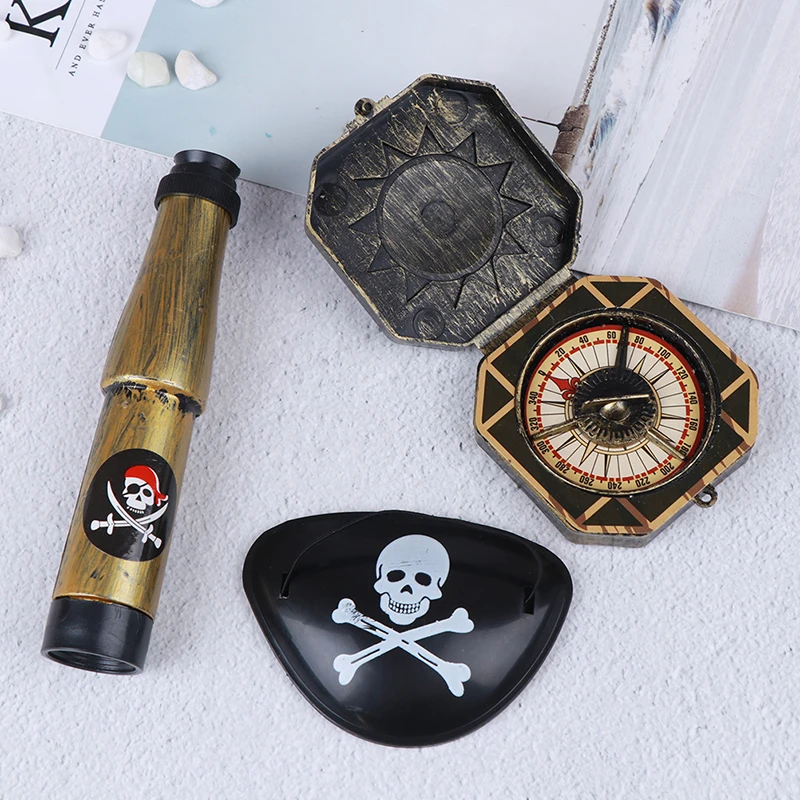 

3Pcs Children Pirate Patch with Skull Telescope Compass Dress Up Prop Pirate Toy Set Halloween Theme Party