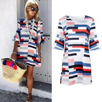 

Summer Urban Ladies Vintage Loose Geometric Pattern Mini Dresses Women Colorful O Neck Plus Size Dresses For Women Feest Jurken