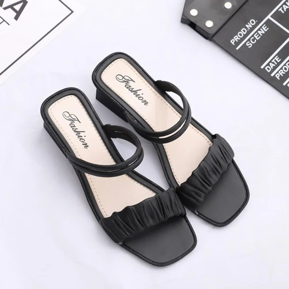

Women Sandals Thick Heel Candy Color Summer Pleated Upper Square Head Slippers for Beach