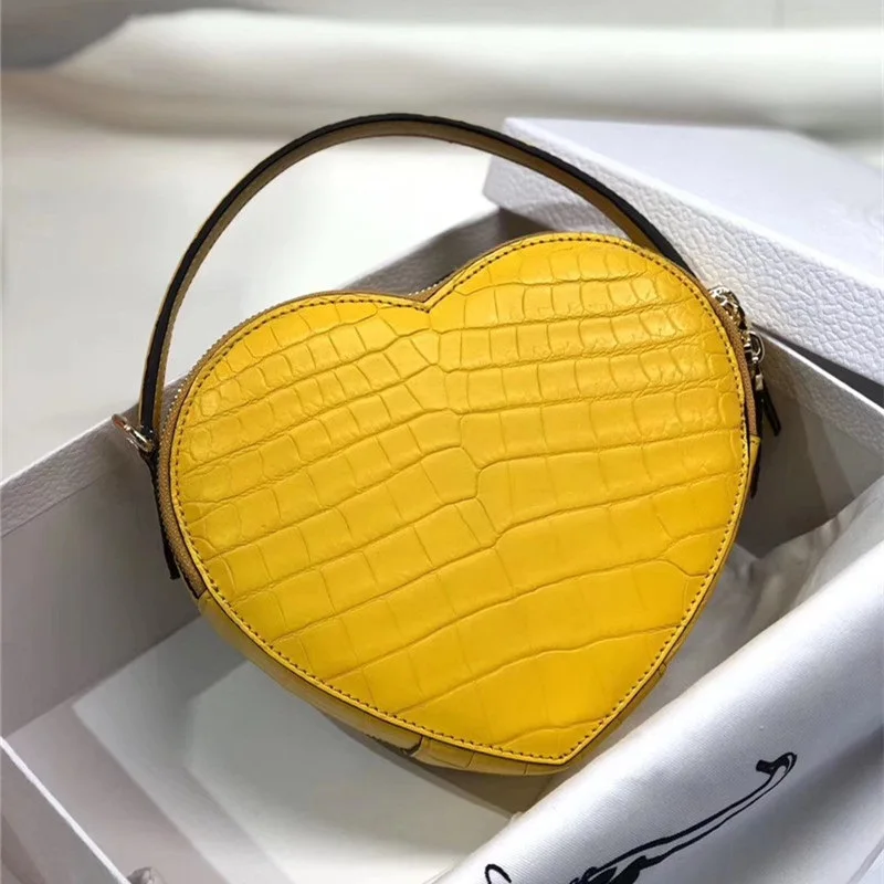 

Authentic Crocodile Skin Heart-shaped Women's Small Yellow Purse Genuine Alligator Leather Lady Mini Handbag Cross Shoulder Bag