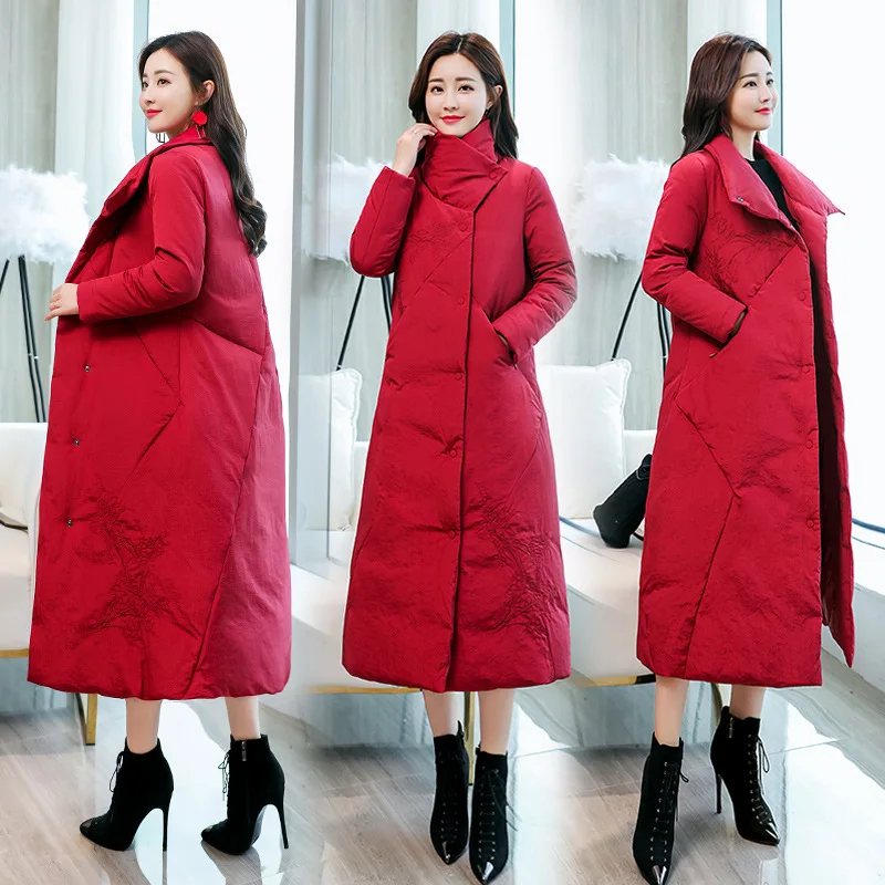 

2018 Winter New Style Korean-style Geometry Joint Embroidered Long Cotton-padded Clothes Fashion Slimming Large Collar Cotton Co