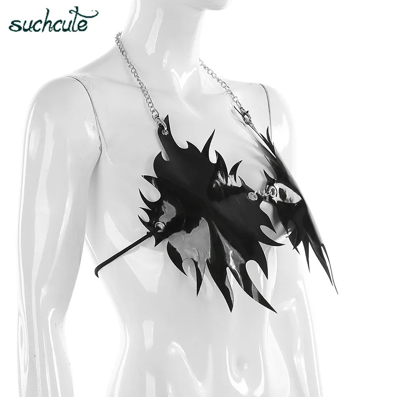 SUCHCUTE Metal Chian женский топ на бретелях из искусственной кожи с неровными готическими листьями укороченная уличная одежда Harajuku одежда корейский стиль Повседневные базовые Топы