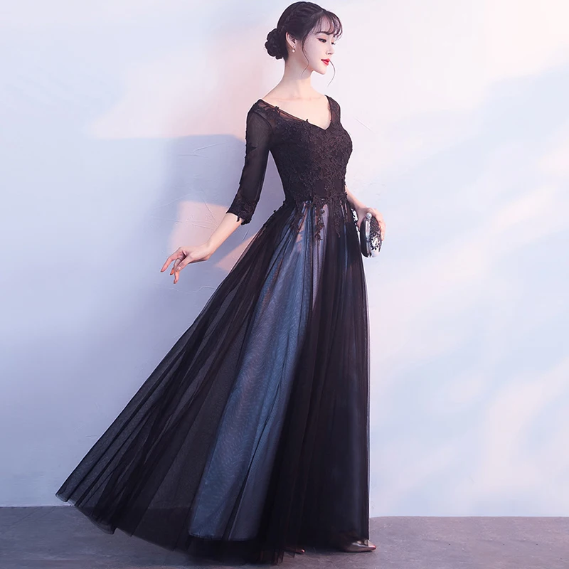 Черные футболки с v-образным вырезом Вечерние Платье XS-XXL женское длинное вечернее Ципао с цветочным узором на свадьбу, полу-Длина Qipao, элегантное платье, для детей; Одежда для девочек; Vestido