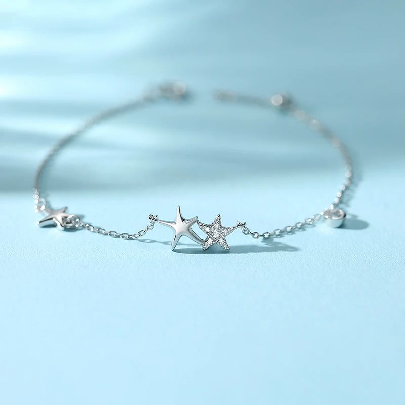 Серебряный звезда полный браслет с фианитовыми подвесками 925 счастливые браслеты из морских звезд для женщин девушки подарок бусины браслет модные ювелирные изделия