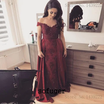 

Burgundy Off The Shoulder V Neck Detachable Train Evening Dresses Prom Long Arabic Special Occasion Robe De Soiree Plus