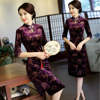 

Evening Party Dress Chinese Style Women Velvet Qipao Improved Half Sleeve Vintage Print Classic Cheongsam Vestidos Plus Size 4XL