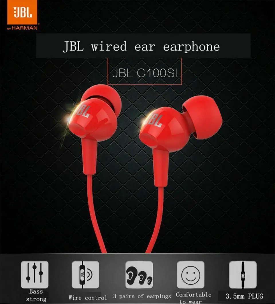 

Official JBL C100SI Mega Bass in-ear earphones headphones 3.5mm connection Hands-free Call with Microphone Running Earphone