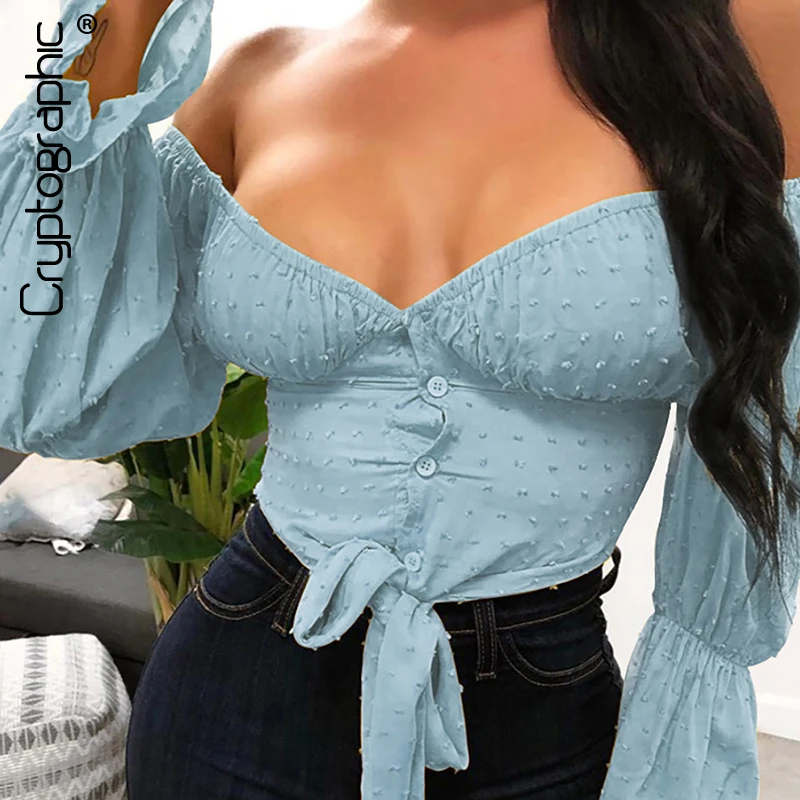 

Cryptographic Slash Neck Button Sexy Lace Up Blouses Shirts Women Fall 2019 Fashion Puff Sleeve Sheer Crop Tops Slim Streetwear
