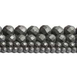 Natural Stone Hematite Round Beads in Gold & Silver Tones for Jewelry Making - 15'' Strand (Mette Facted Black)