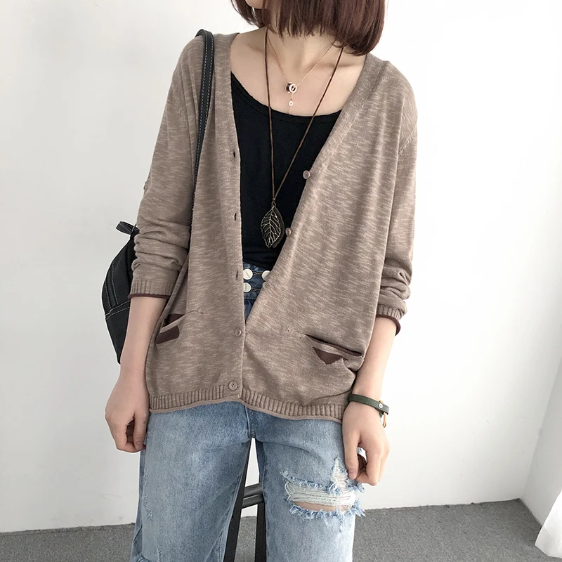 

Autumn Spring Woman Sweater V neck Knitting 2019 New Thin Ramie Cardigan Loose Long Sleeved Women Coat YoYiKamomo