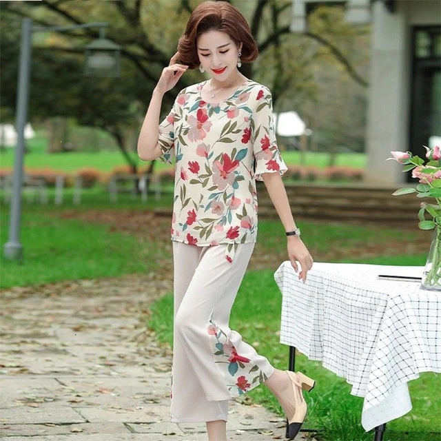 dobbelt Macadam Skur 2021 Summer Women Floral Print Suit 2 Pieces Set Ladies Vintage Flowers  Blouse Tops With Wide Leg Pants Short Sleeve Suits - Pant Sets - AliExpress